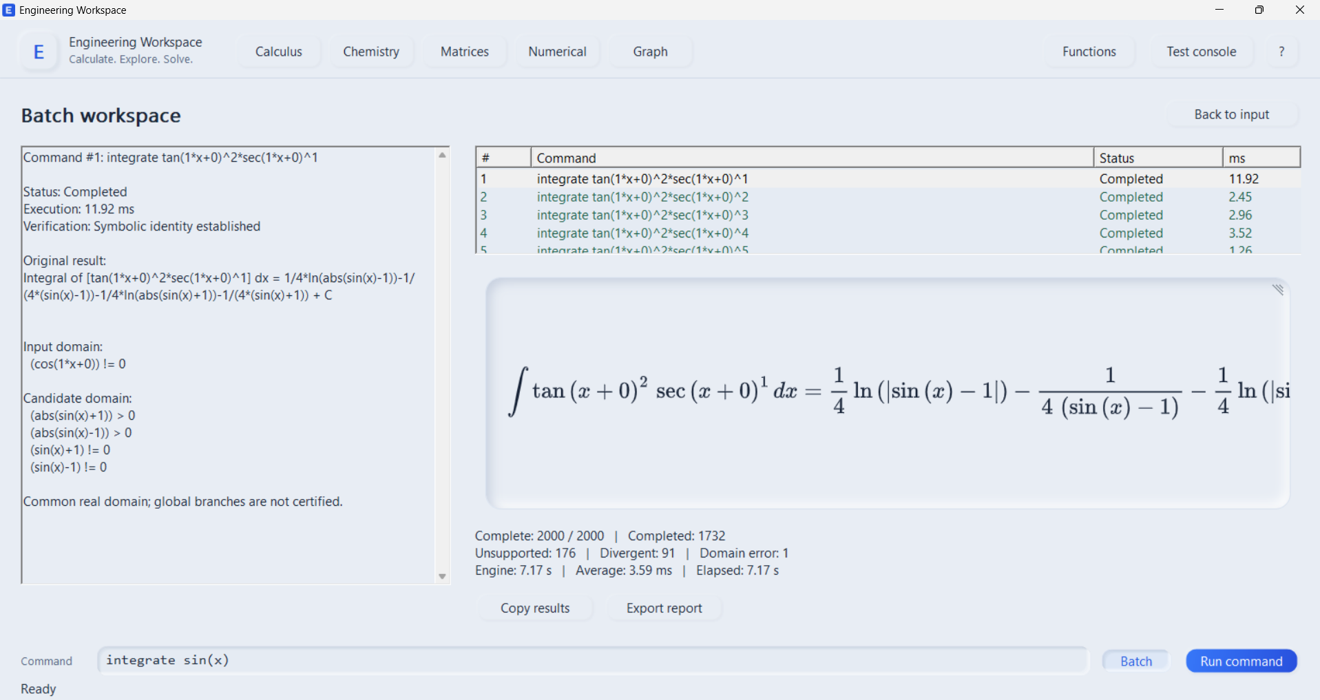 Batch workspace showing 2,000 processed commands, their statuses and a selected result