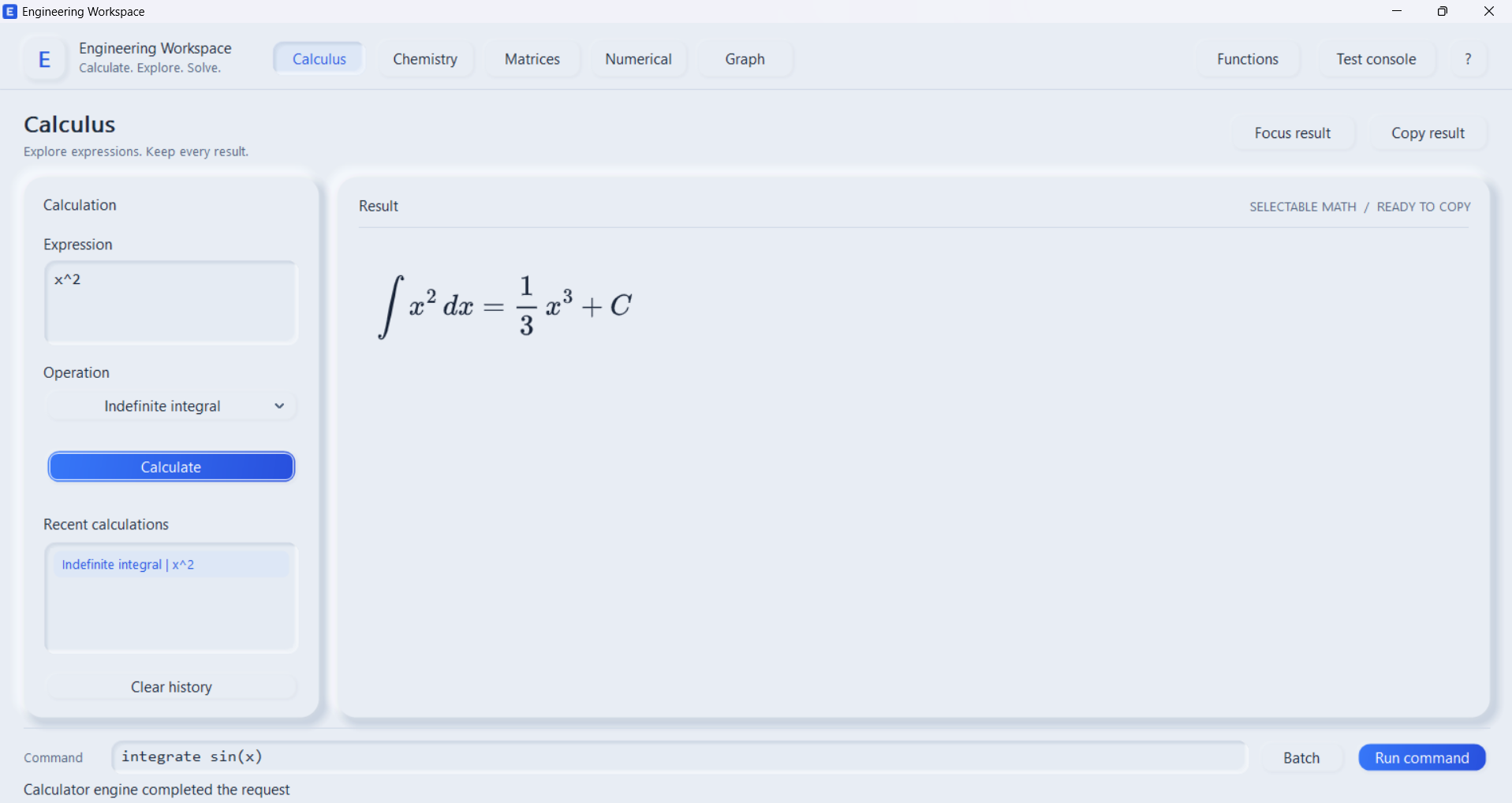 Engineering Workspace calculus screen displaying the integral of x squared